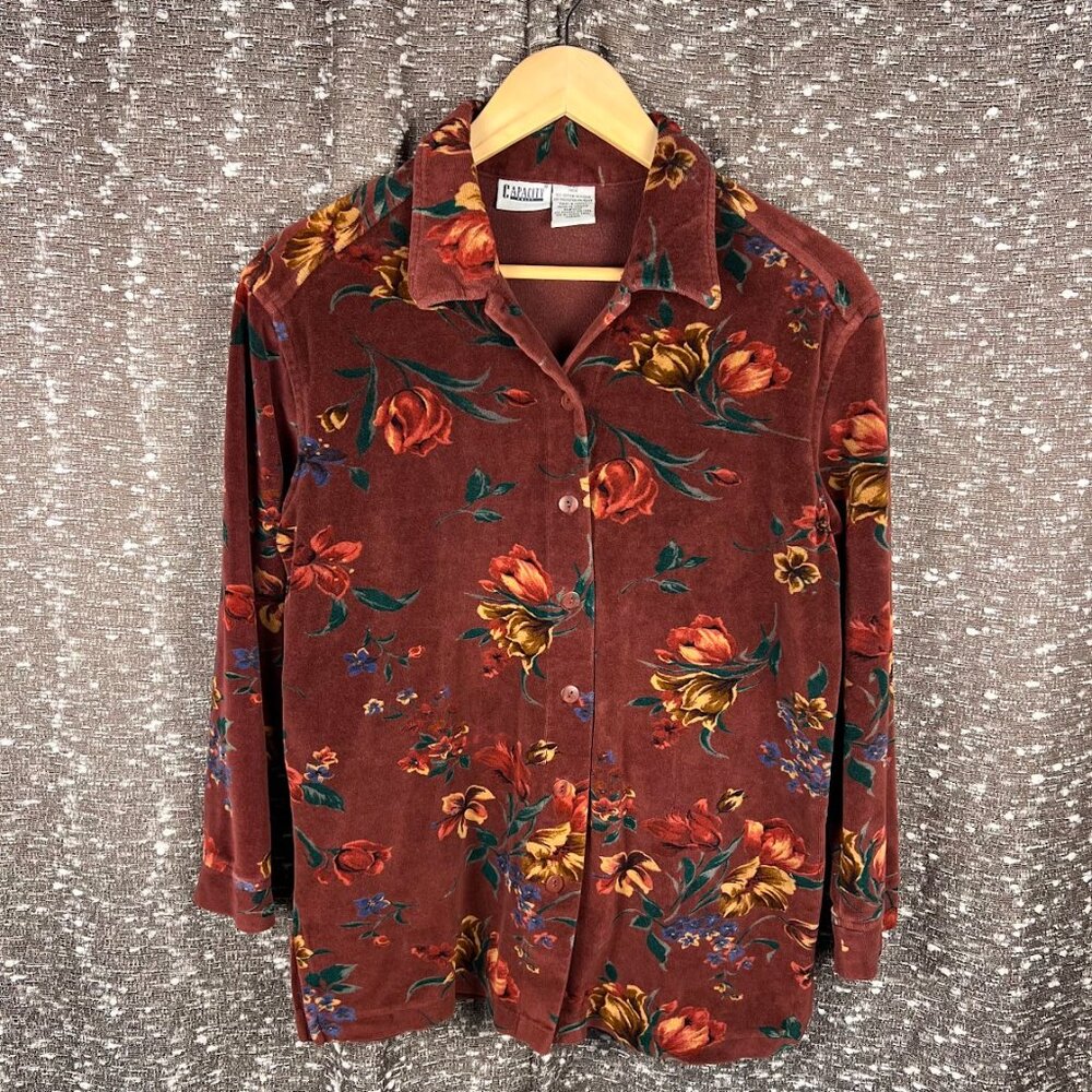 Red Velvet Floral Print Long Sleeve Button Down Blouse‎ Shirt Top